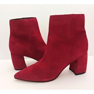 Marc Fisher Red Suede Ankle Boot Block Heel Point Toe Side Zip 9M